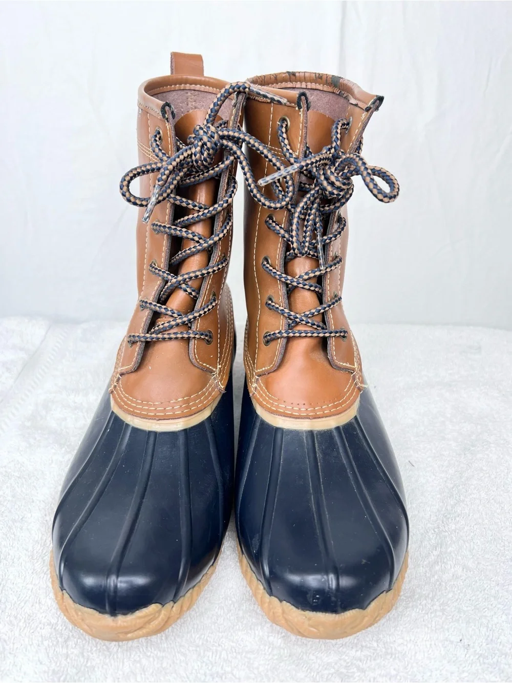 Lands End Womens Duck Boot Sz 9 classic navy blue tan Rain Outdoor Preppy